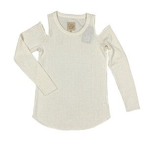 Chaser Top Womens Medium Ivory Gold Waffle Knit Long Sleeve Cold Shoulder Ladies
